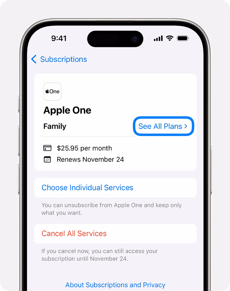 How do I Manage my Apple one subscription?