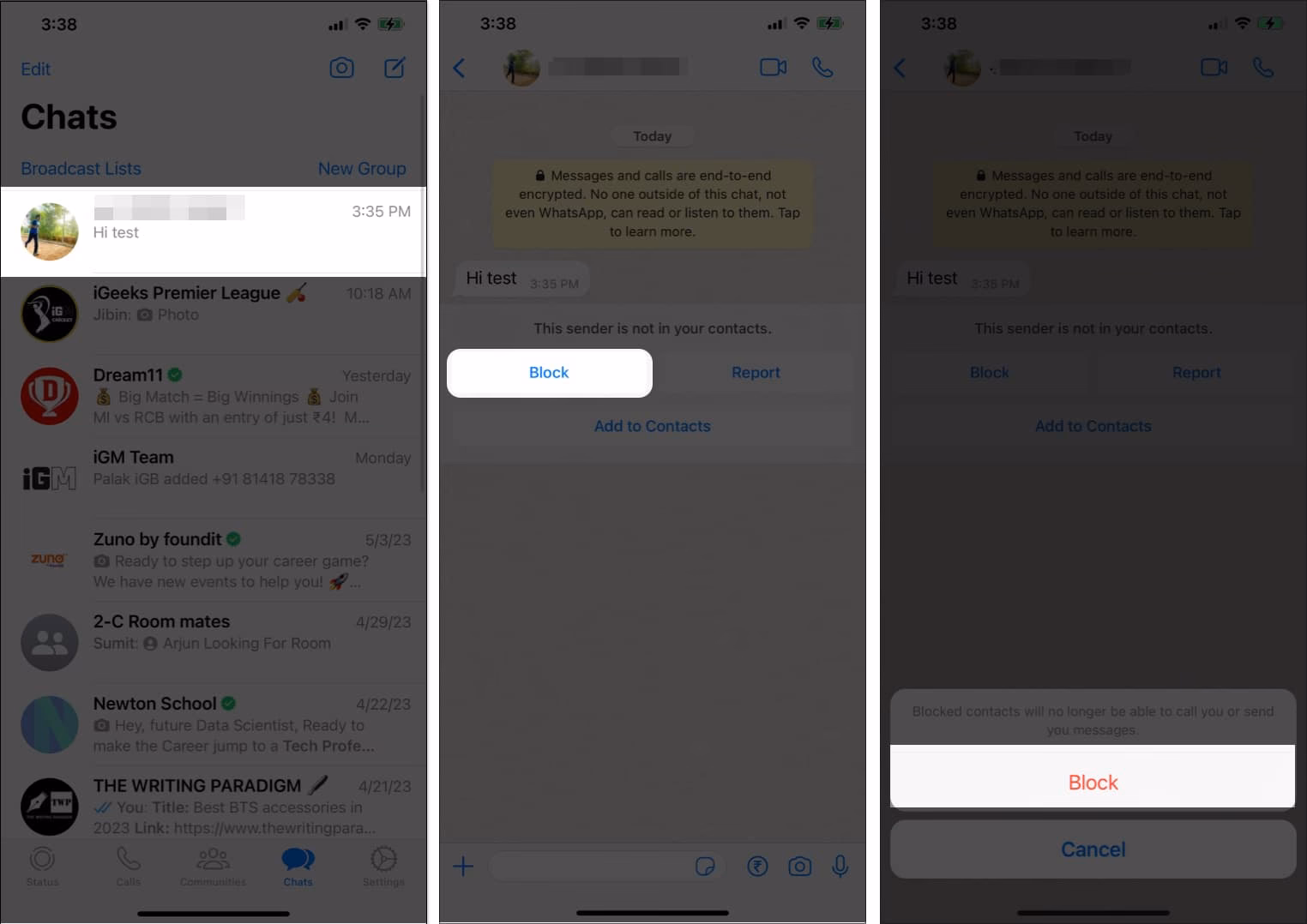 How do I block a user on WhatsApp?