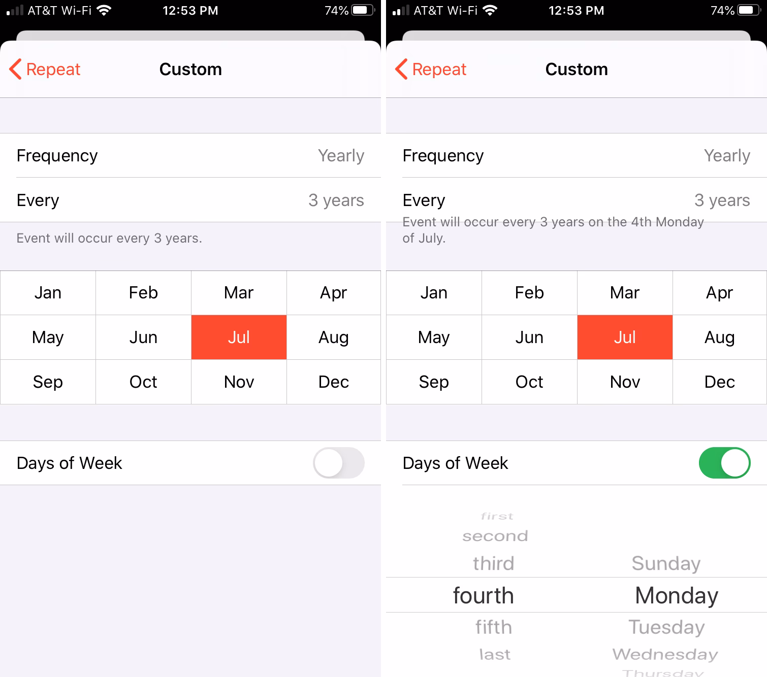 Can I create repeating appointments for weekdays only on the iPhone?