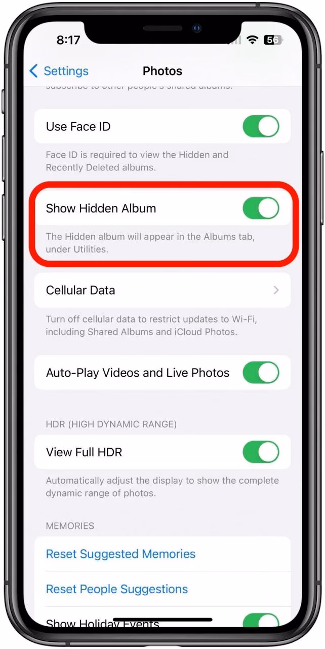 How do I Turn Off hidden album on iPhone?