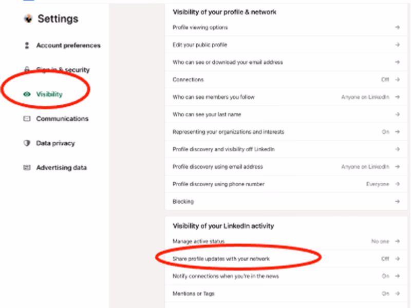 How to make LinkedIn profile updates private?