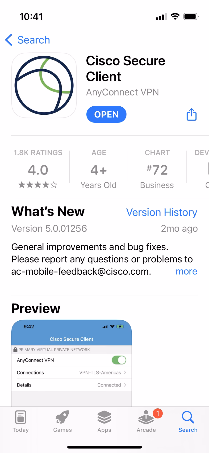 What version of Cisco AnyConnect is available for Apple iOS?