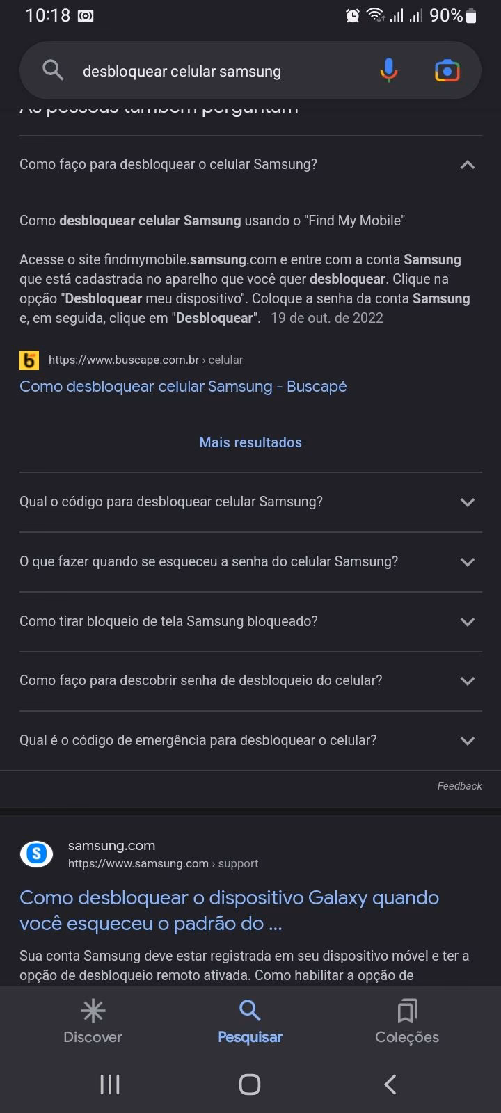 Como desbloquear a tela de um telefone Samsung?