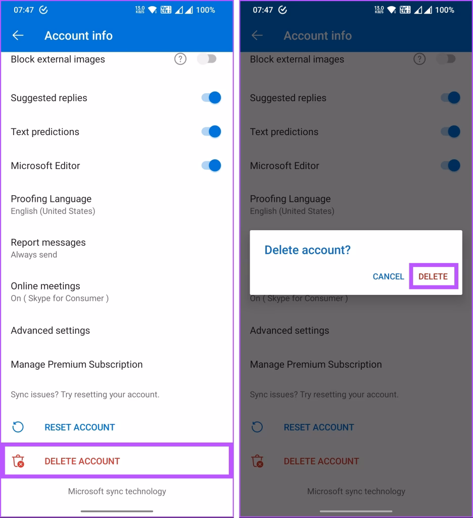 How do I delete an outlook account on iOS?