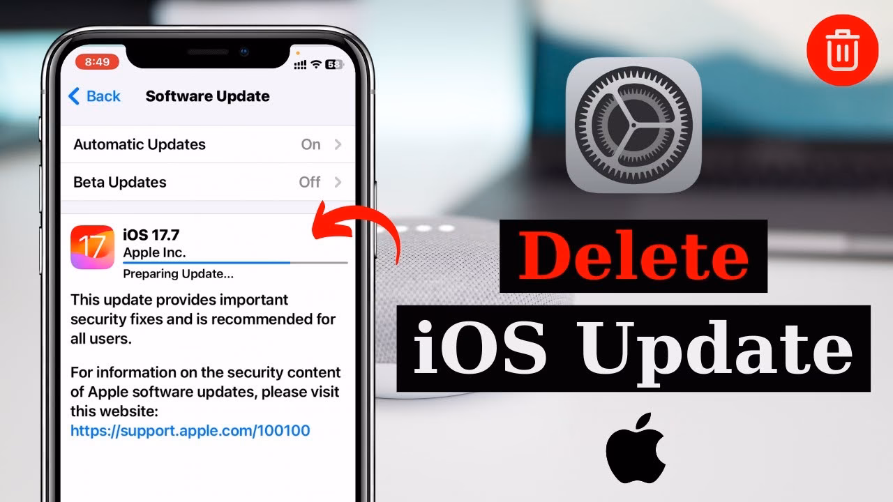 How do I delete an iOS update file from my iPhone?