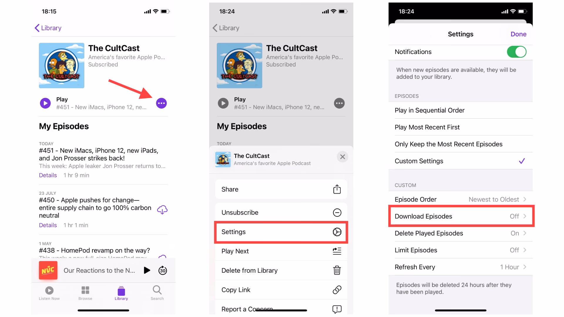 Does the Podcasts app download new episodes?