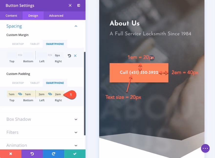 How do I customize the size of a Divi button?