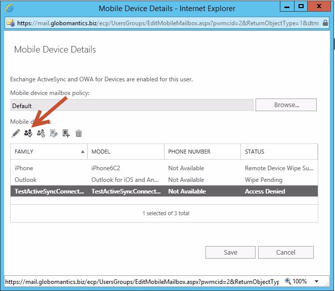 What is the default mobile device mailbox policy?