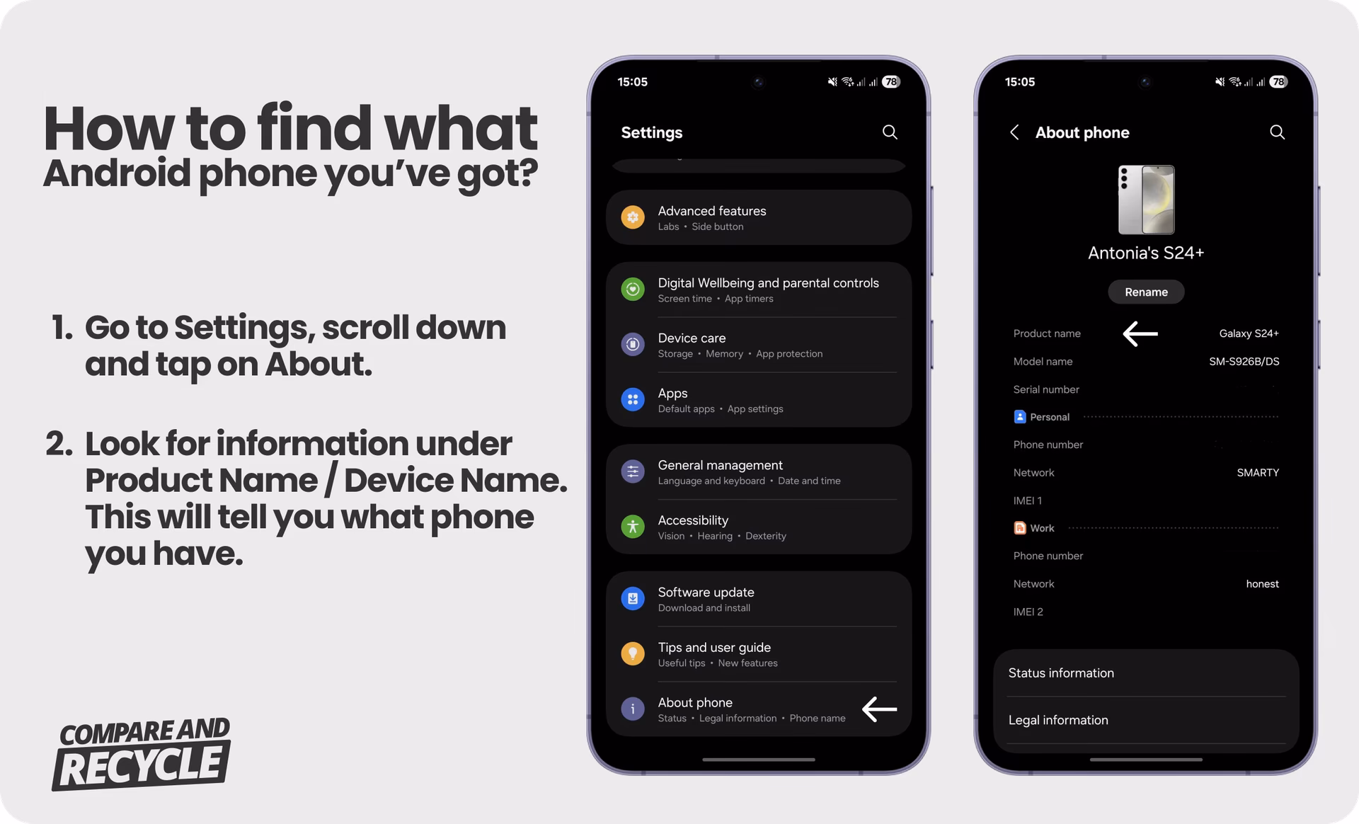 How do I find the model name of my Samsung phone?