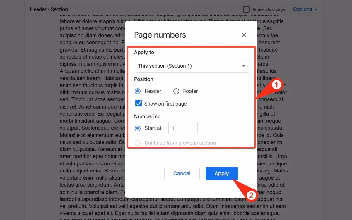 How do I add a header & page number in Google Docs?