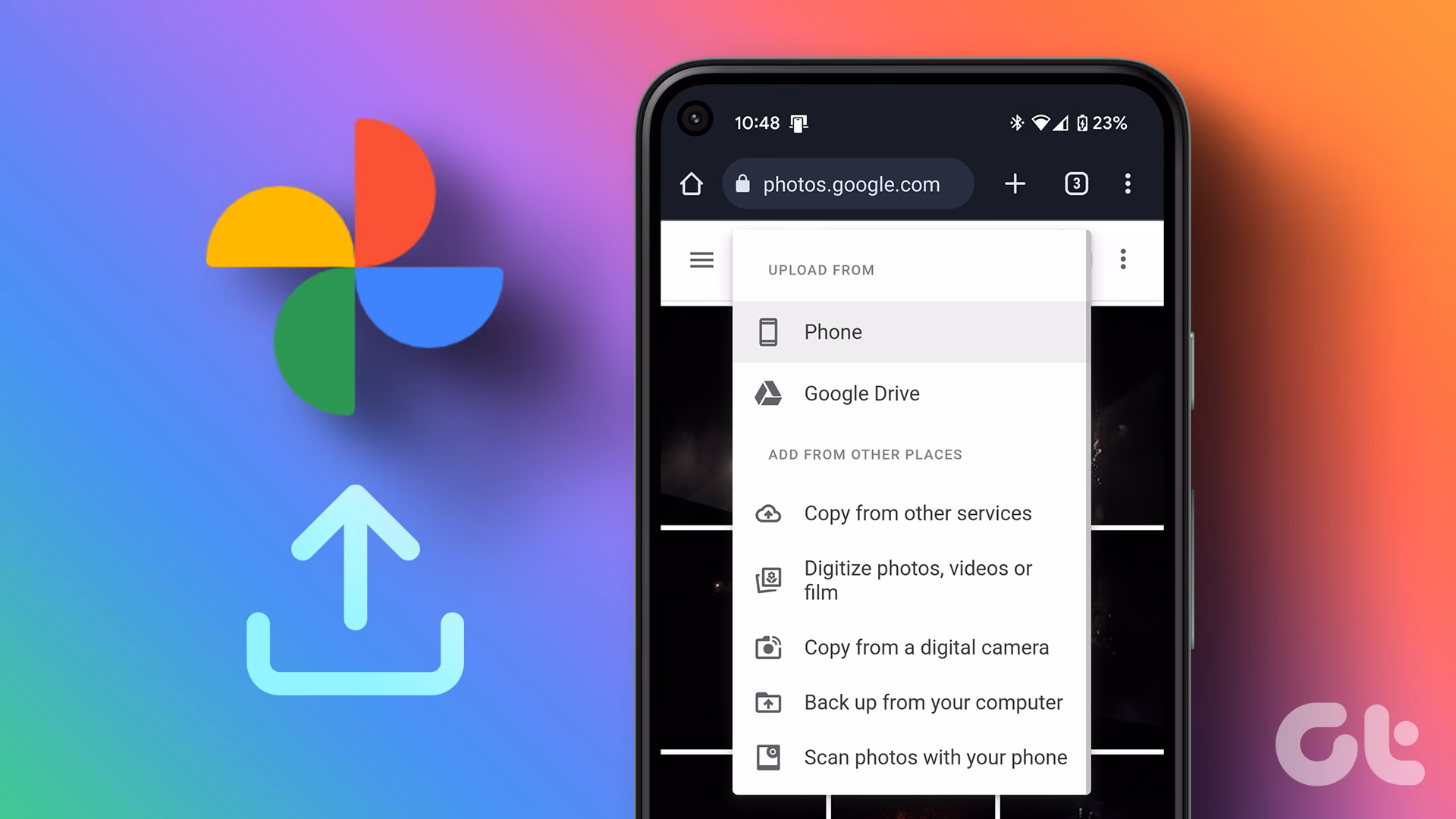 How do I upload pictures to Google photos using my mobile device?