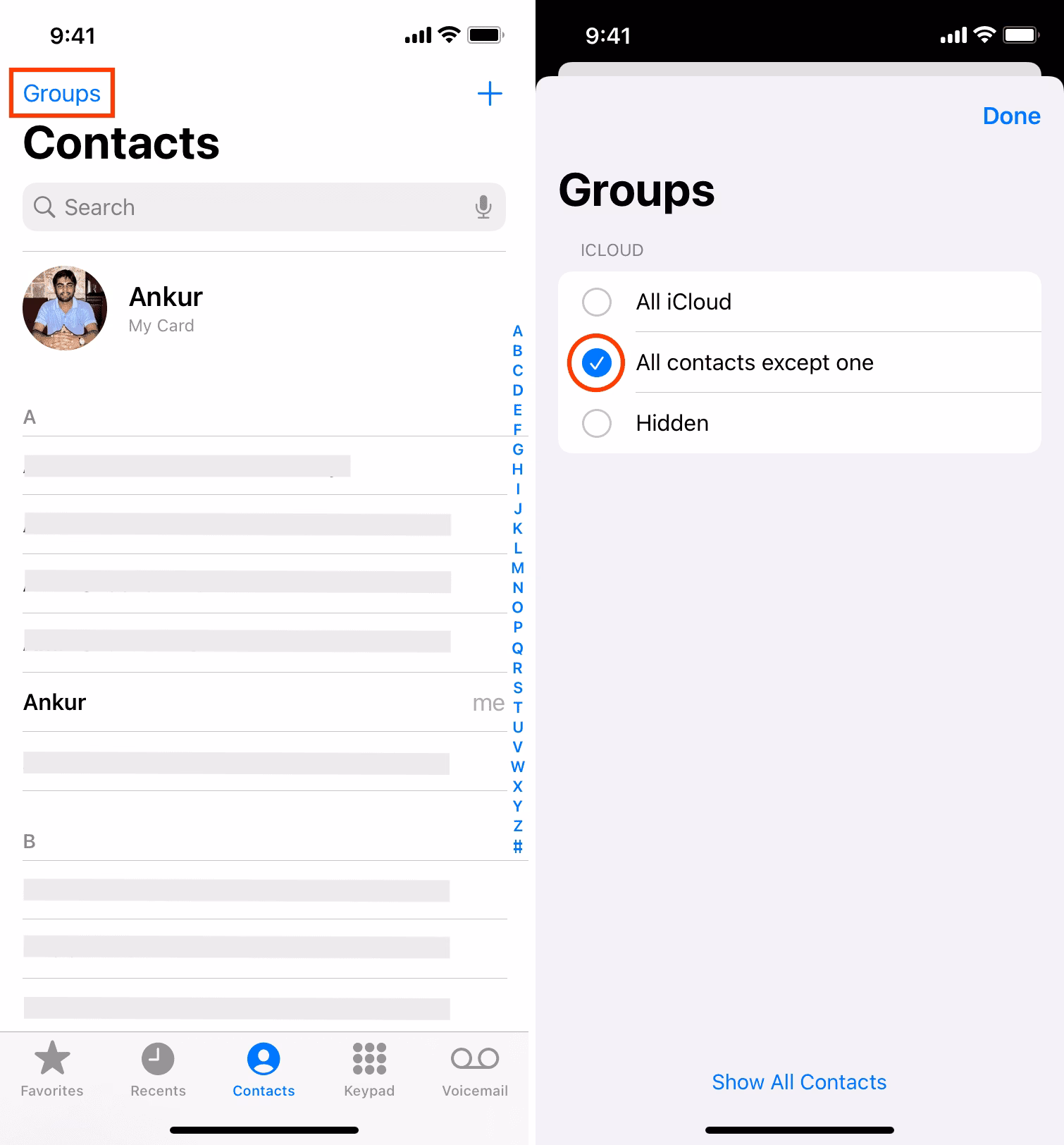 How to hide contacts on iPhone if you don't have a Gmail account?