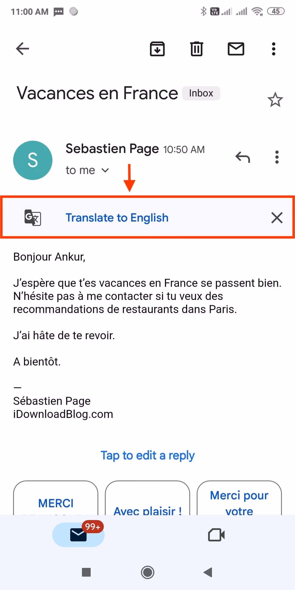 How to translate email on Gmail mobile app?