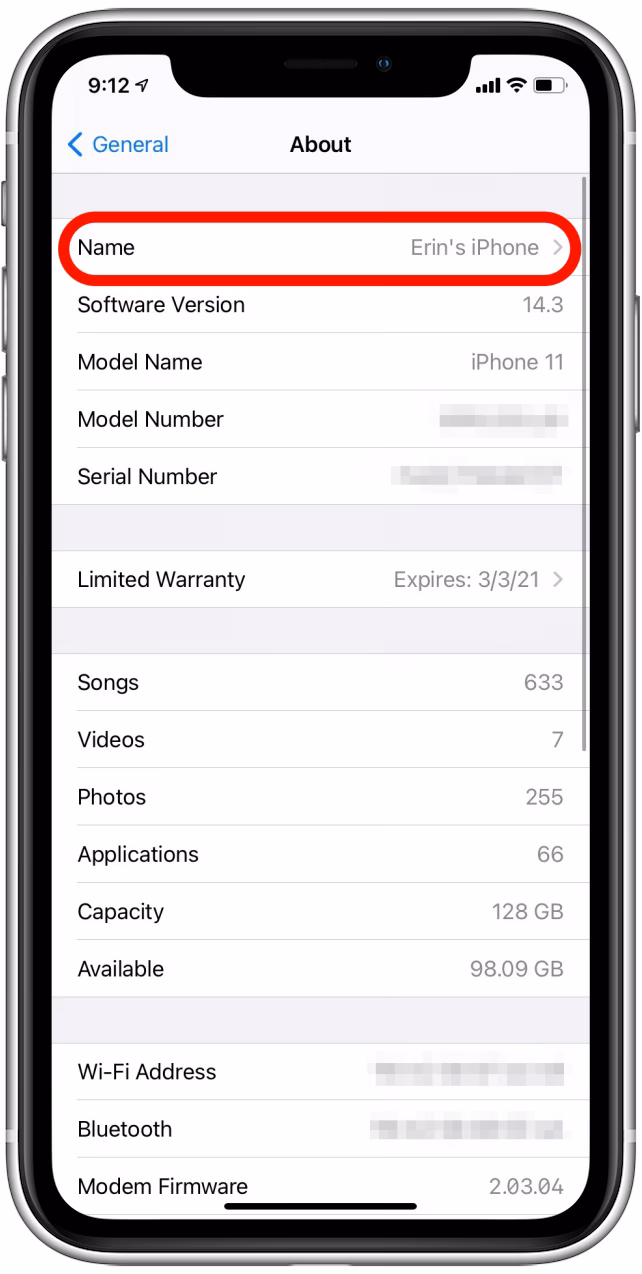 How do I change the name of my iPhone?