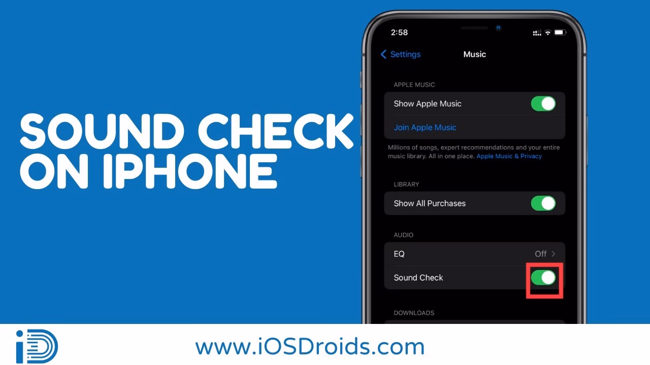 How do I Turn on sound check on my iPhone?