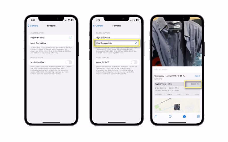 How do I change the HEIC format on my iPhone?