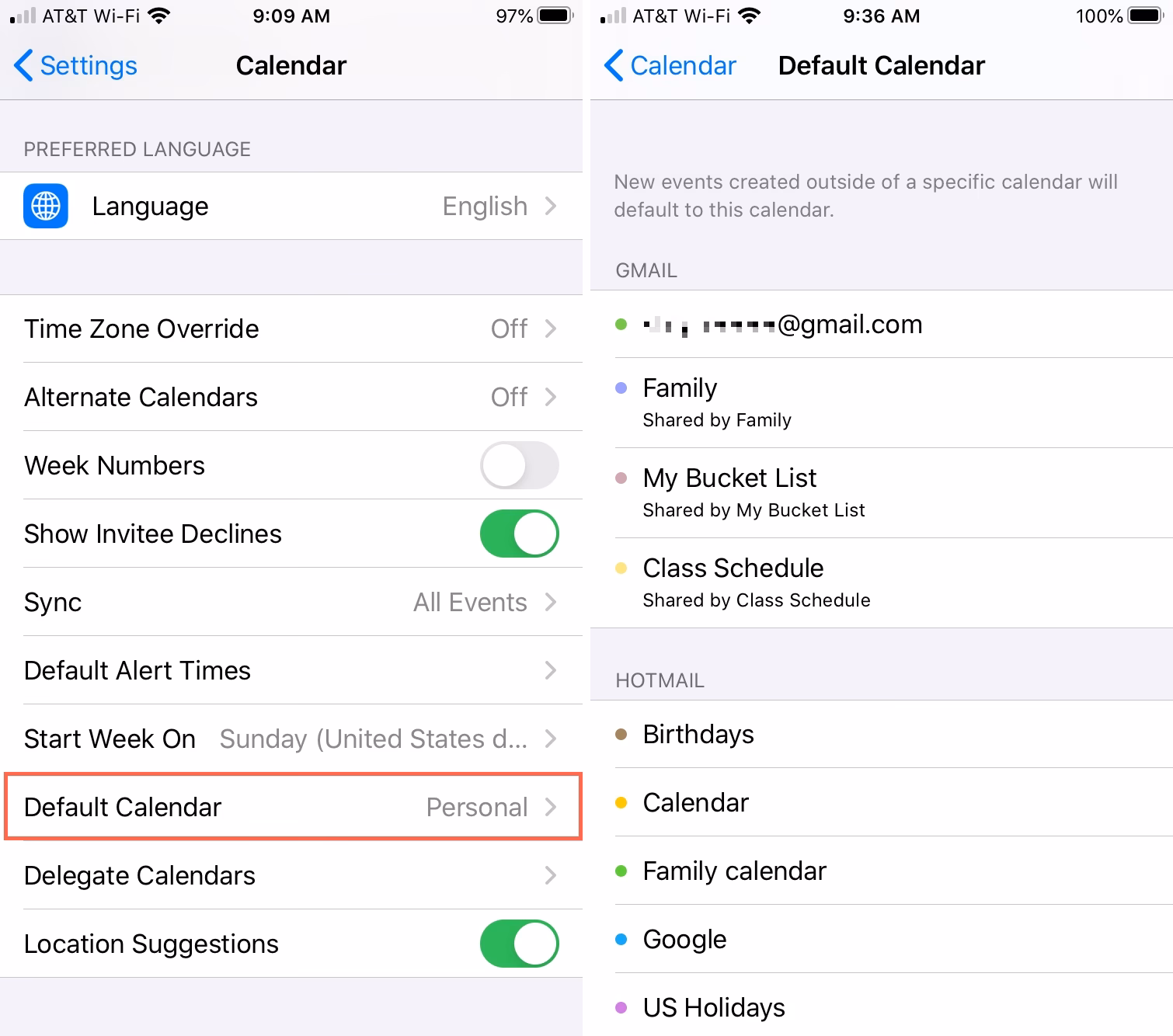 How do I change the default calendar on my iPhone?
