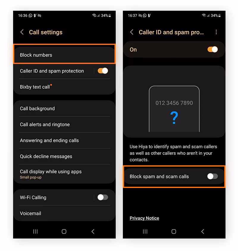 How do I block calls from unidentified callers?