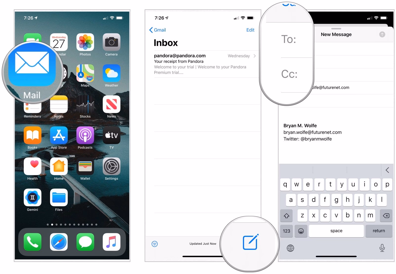 How do I create an email connection to an iOS device?