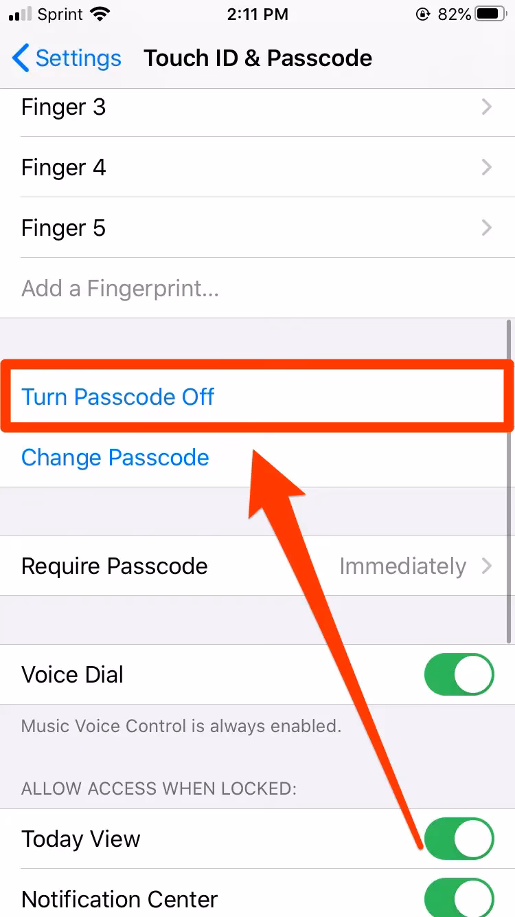 How to disable iPhone 5 passcode in iOS 7?