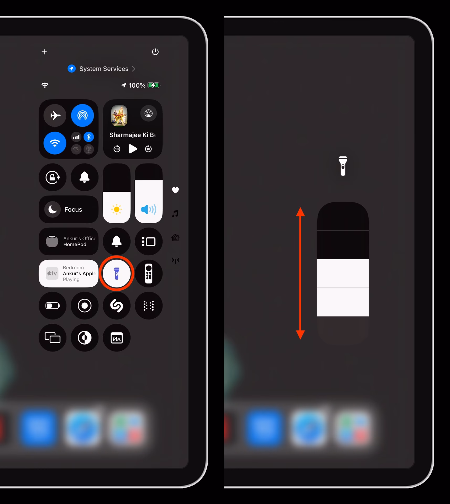How do I change the flashlight brightness on my iPhone?