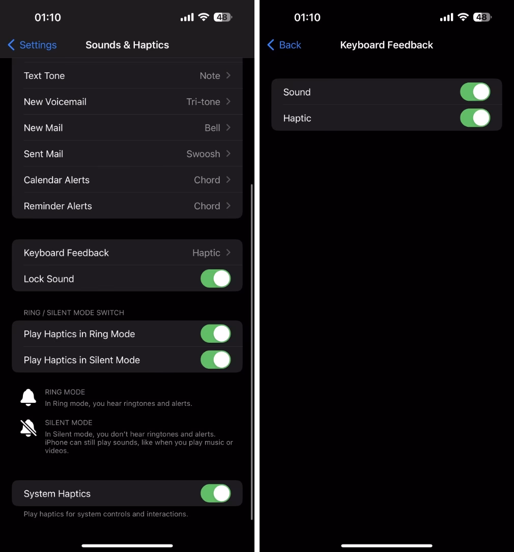 How do I make a keyboard click sound on my iPhone?