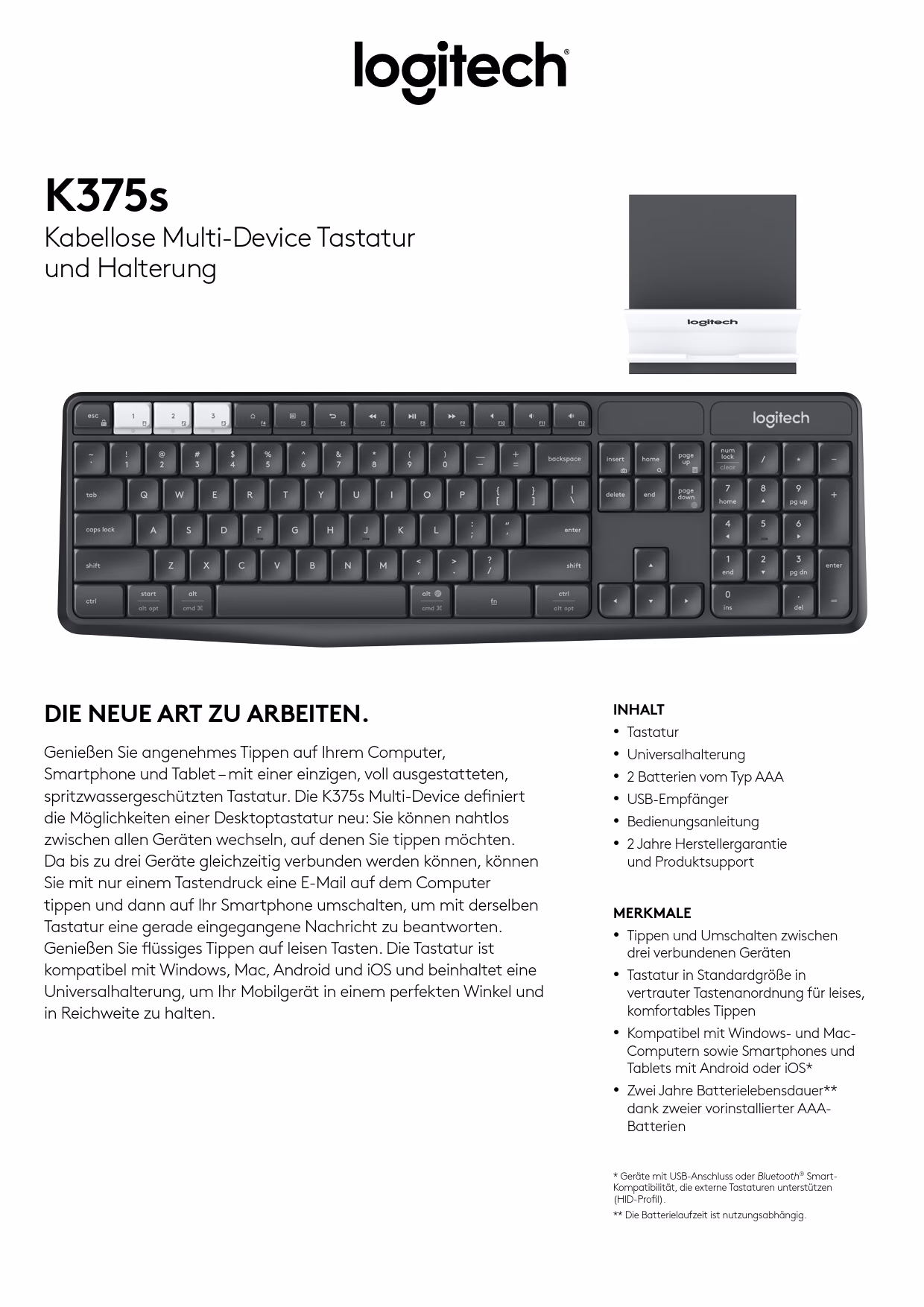 How does the k375s multi-device wireless keyboard and stand work?