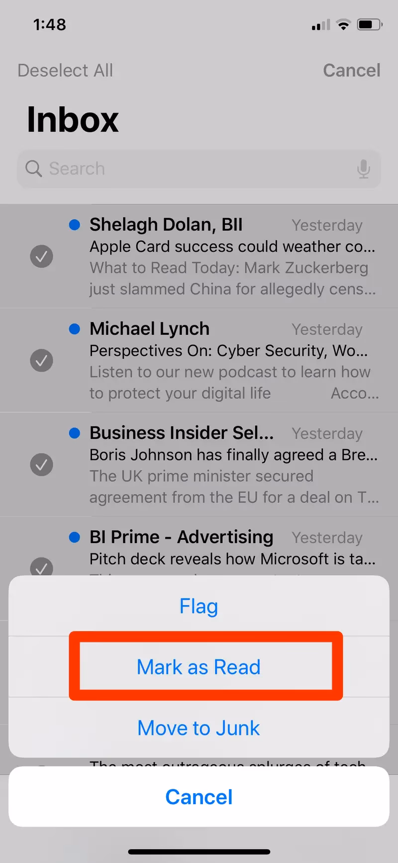 How to mark unread emails on iPhone 13?