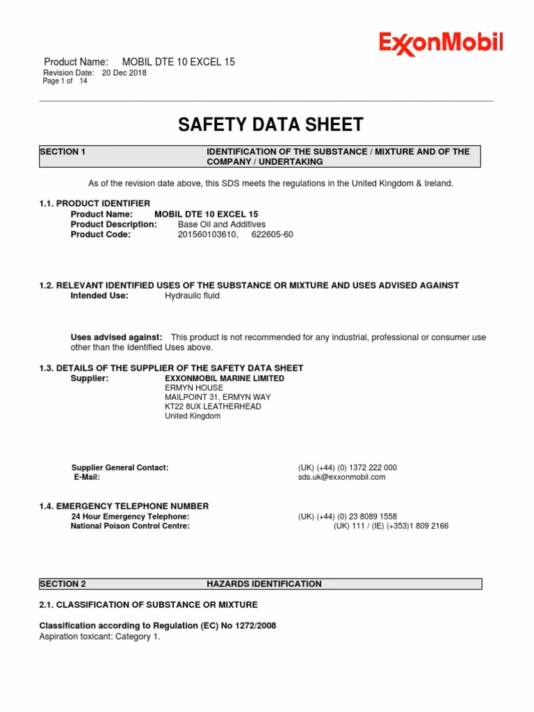 Is Mobil DTE 10 Excel toxic?