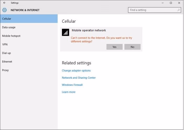 How do I set up a cellular network on Windows 10?