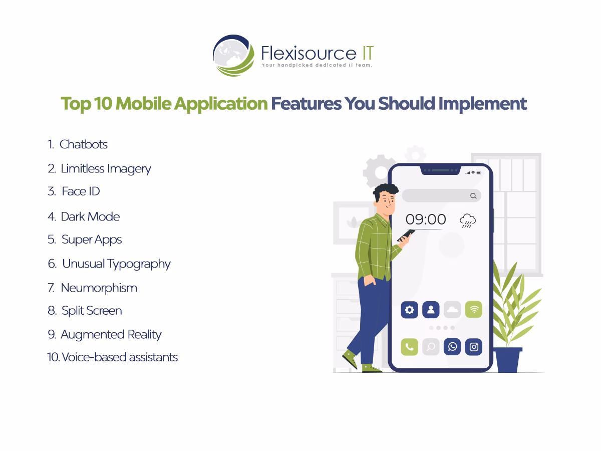 What features are included in a mobile app?