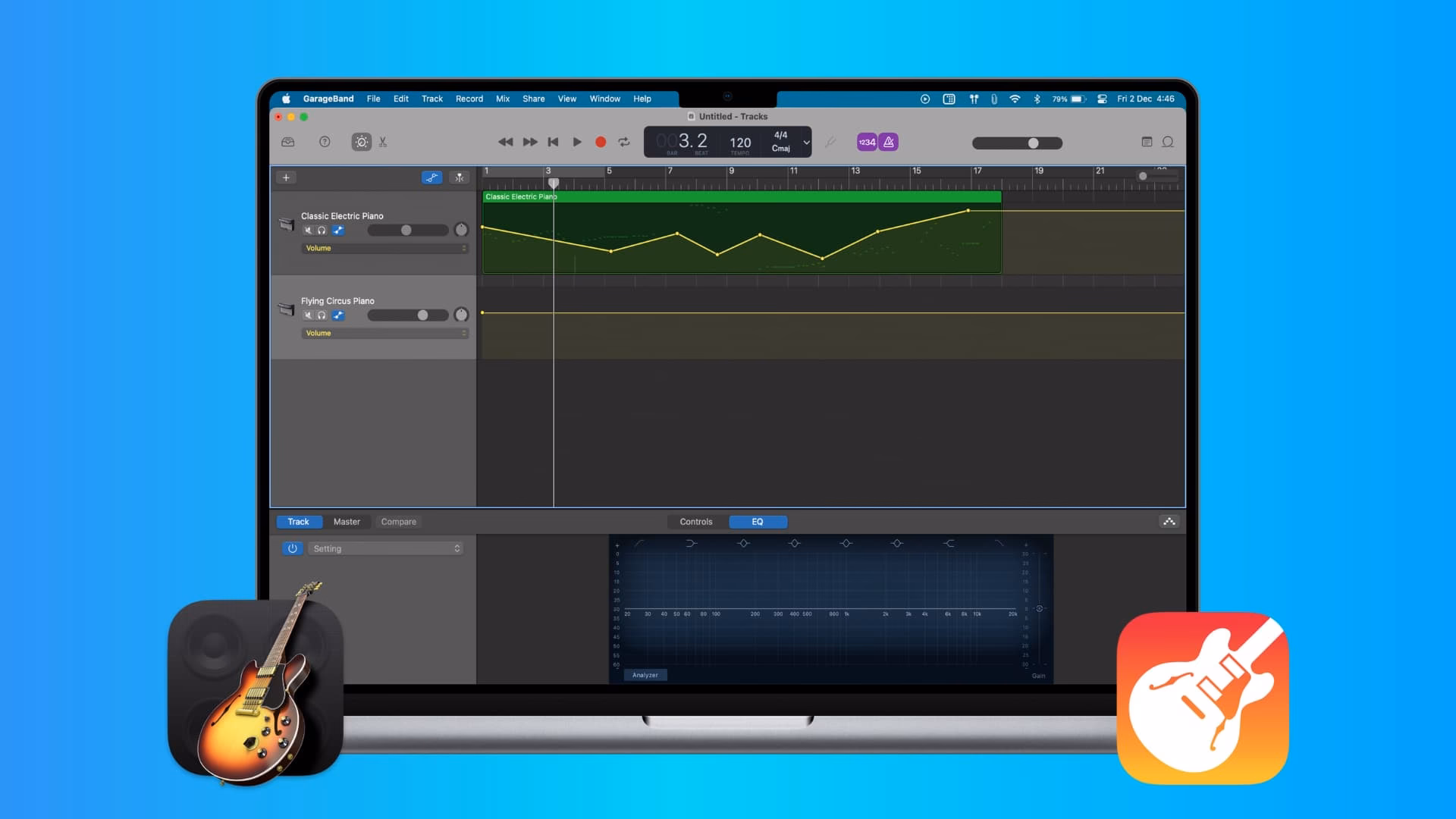 How do I change the volume of a track in GarageBand?