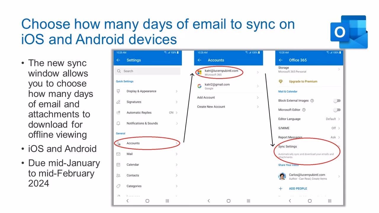 How do I enable email synchronization on my outlook account?