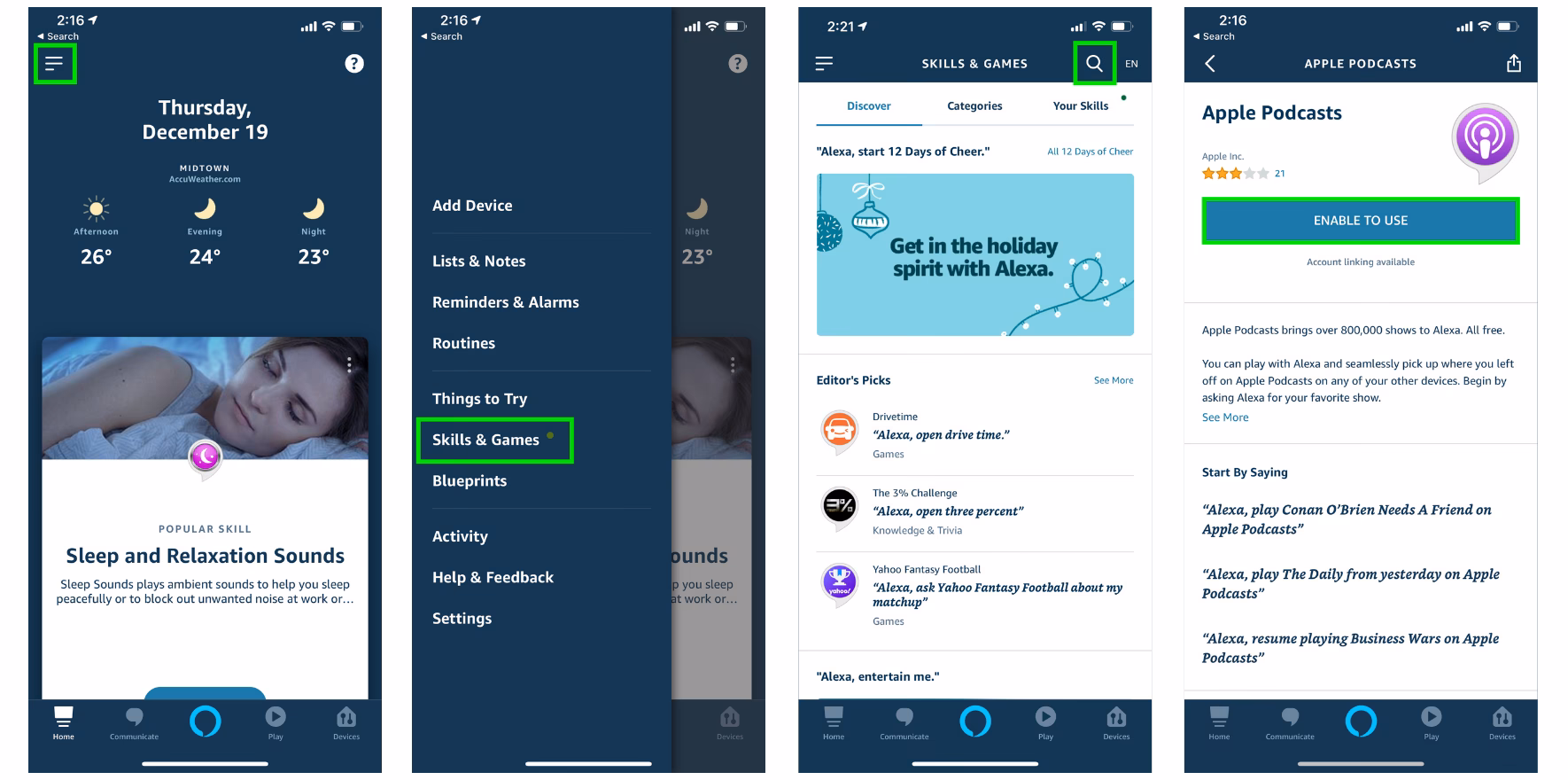 How do I make Amazon Alexa a default podcast service?
