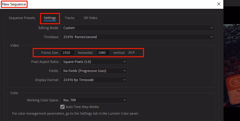 How do I change a clip's frame size in Premiere Pro?