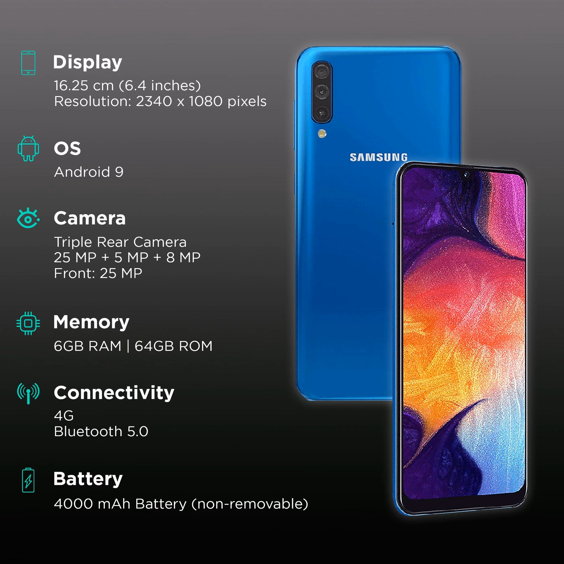 What are the specifications of Samsung Galaxy A50 mobile phone?