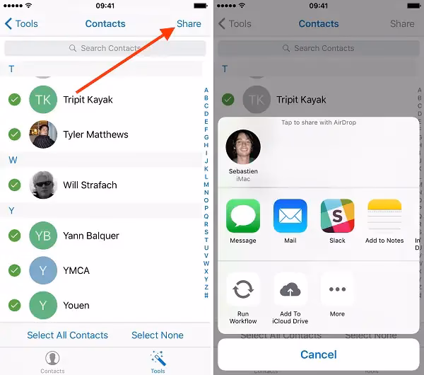 How to share a contact list on iPhone?