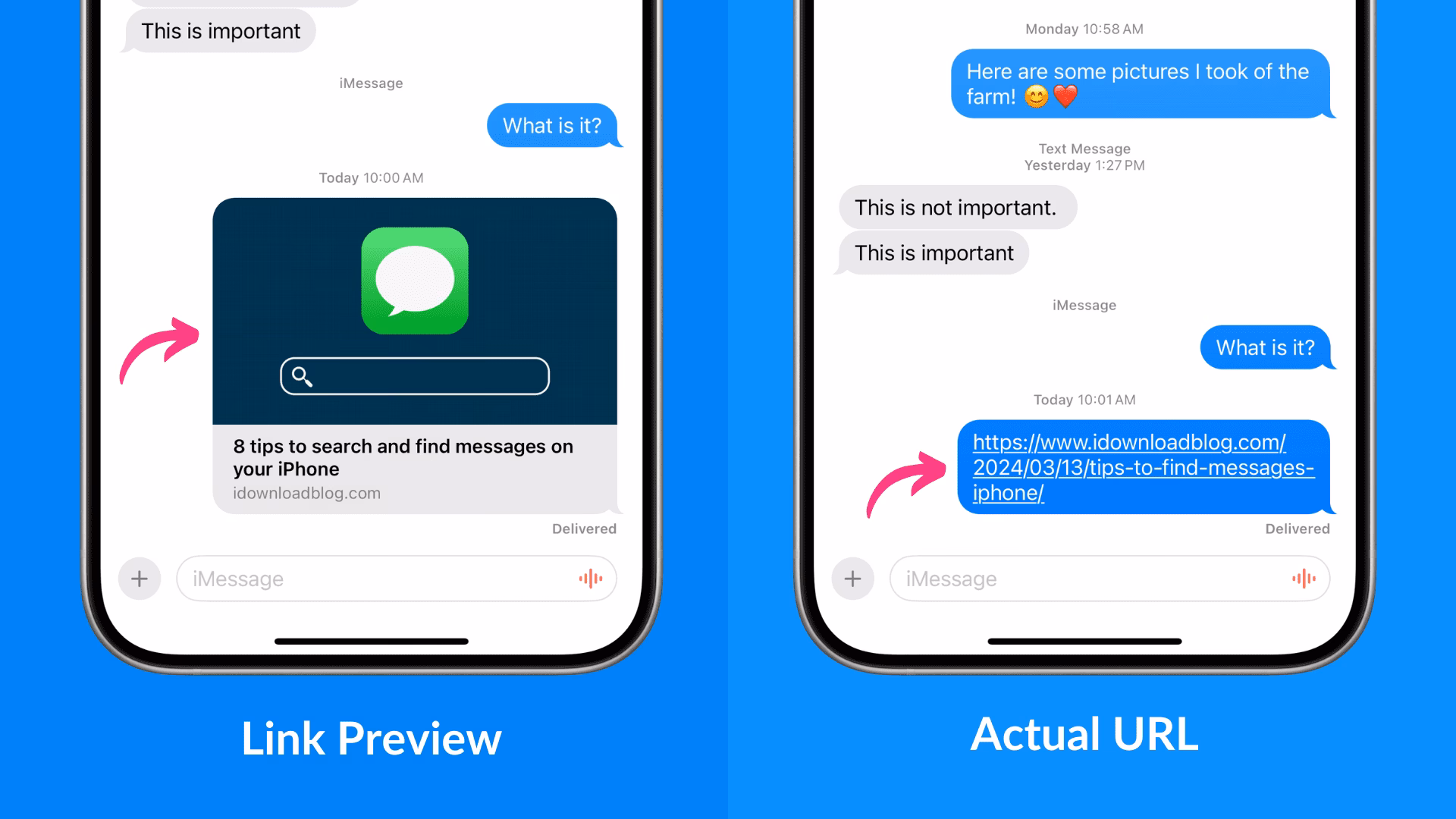 How do I include a link in a text message?