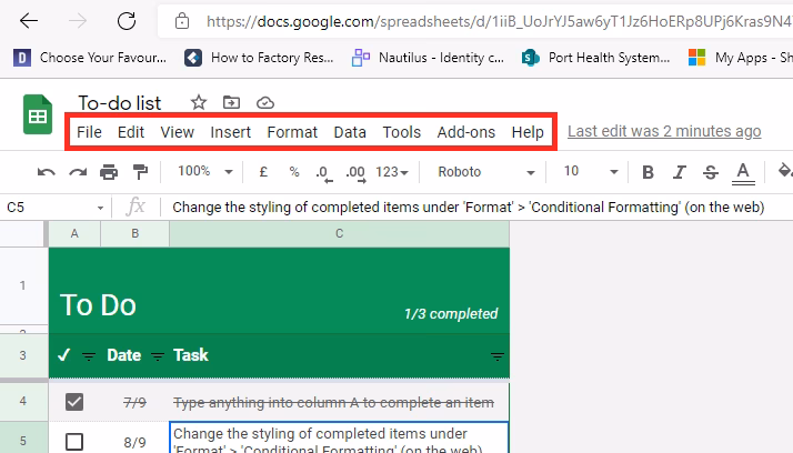 How do I view the menu bar for Google Sheets?