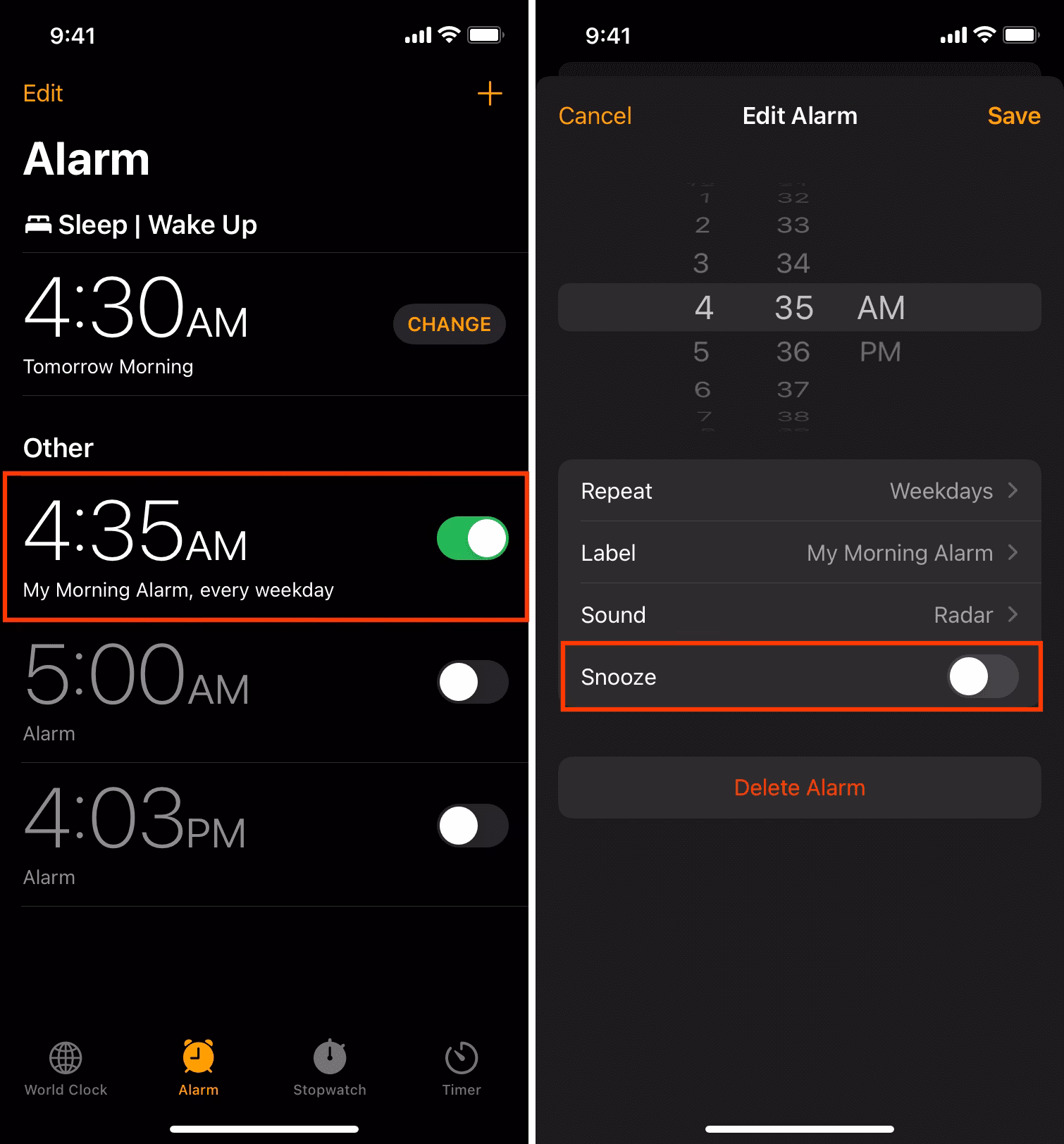 How do I set a snooze time on my iPhone?