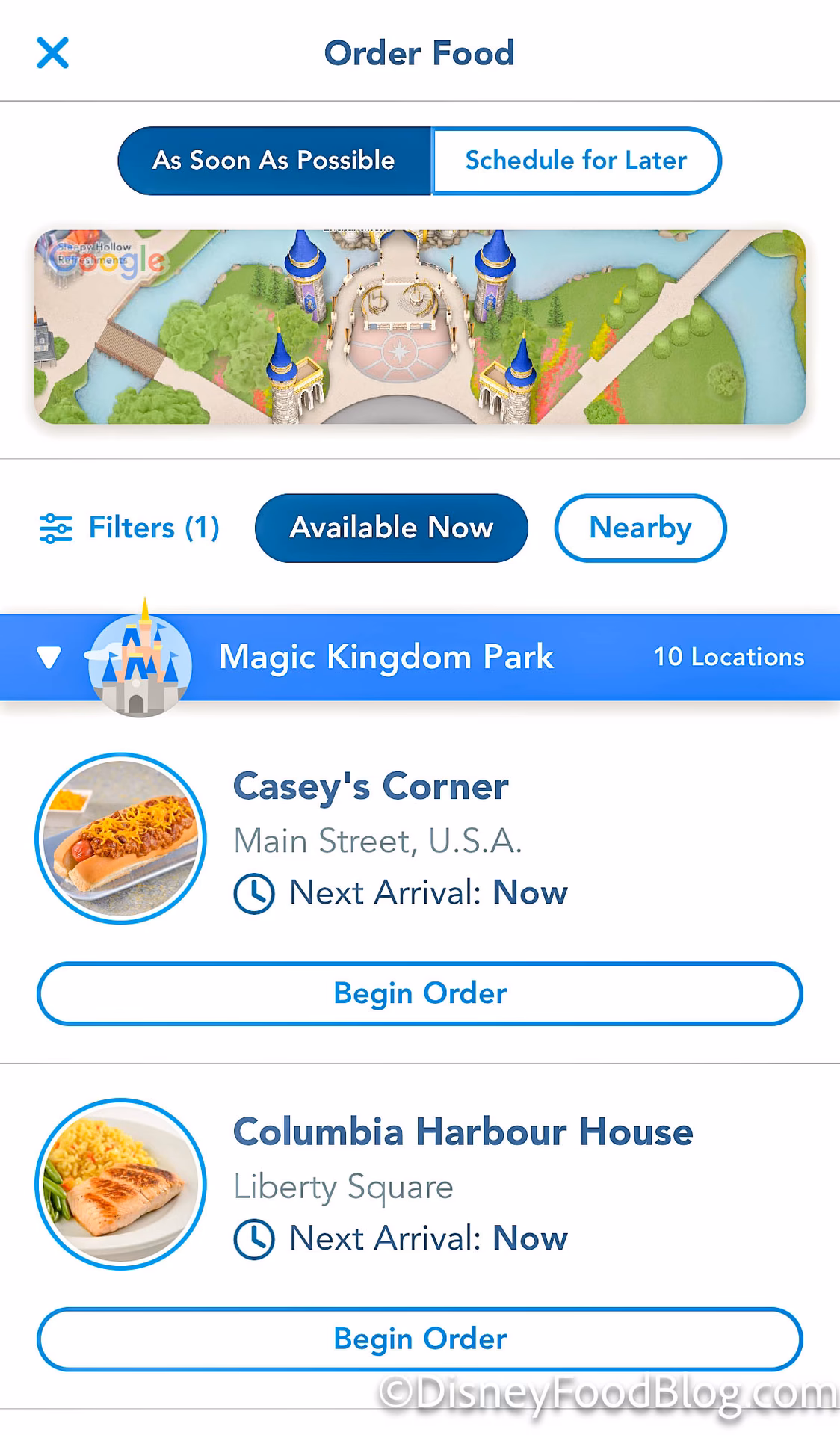 How does mobile order pick up work at Walt Disney World?